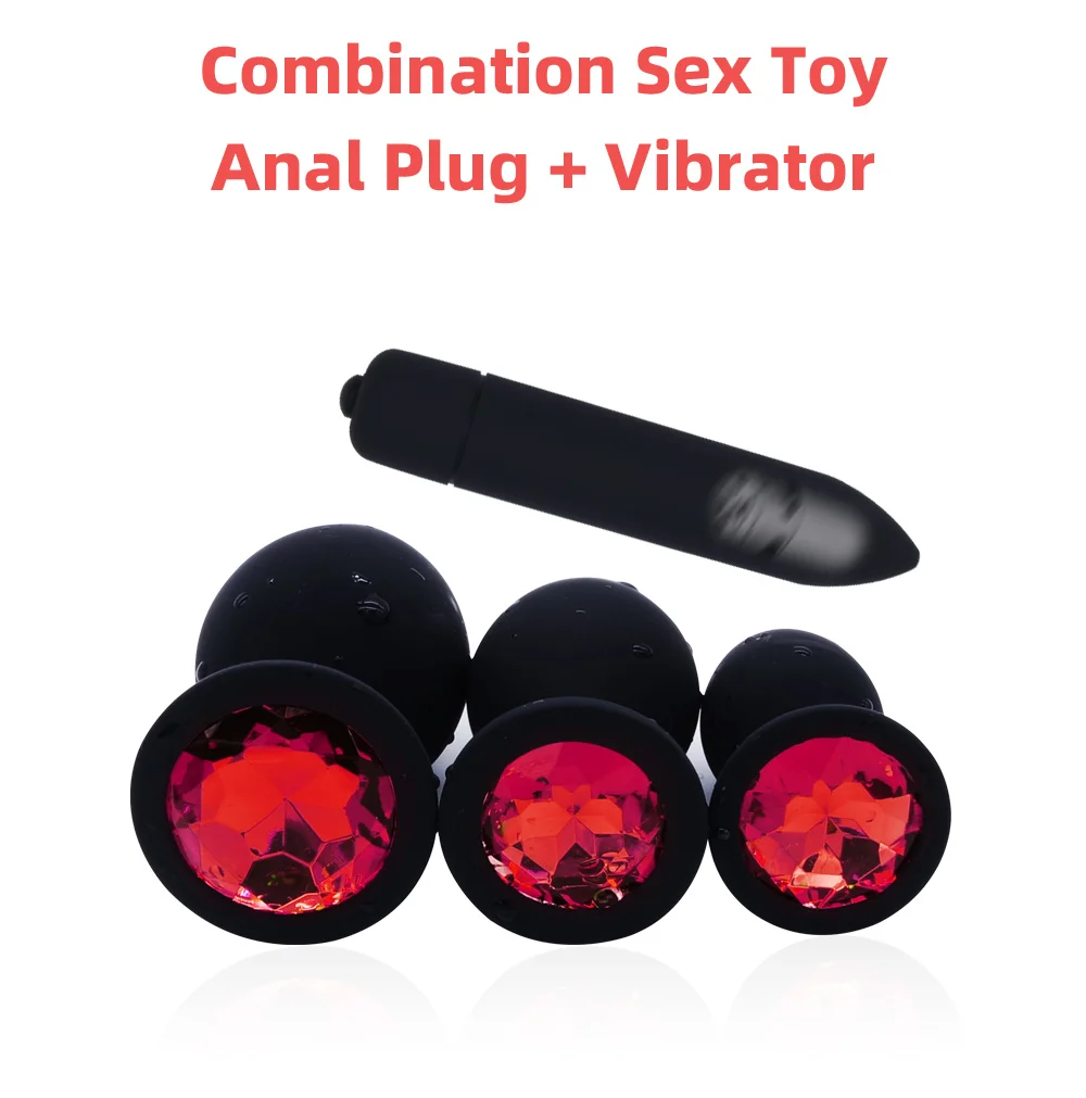 Combination Sex Toy Silicone Anal Plug With G Spot Bullet Vibrator Red Stone