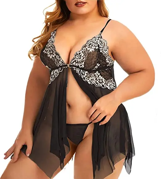 Plus Size Lingerie for Women Sleepwear Set Lace Babydoll Chemise V Neck Nightgown Sexy Nightdress Maternity Negligee S-5XL