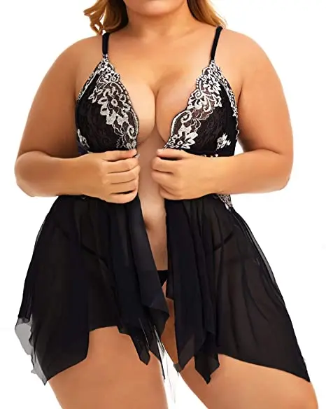 Plus Size Lingerie for Women Sleepwear Set Lace Babydoll Chemise V Neck Nightgown Sexy Nightdress Maternity Negligee S-5XL