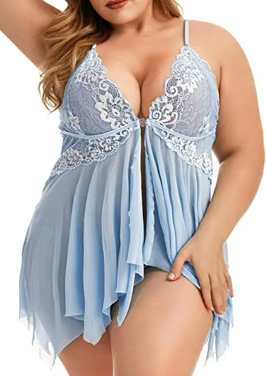 Plus Size Lingerie for Women Sleepwear Set Lace Babydoll Chemise V Neck Nightgown Sexy Nightdress Maternity Negligee S-5XL