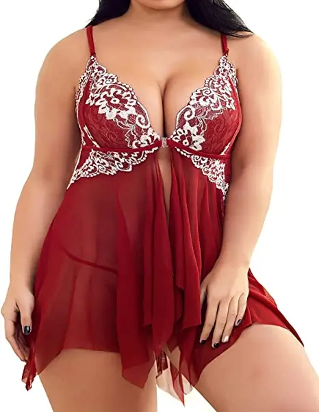 Plus Size Lingerie for Women Sleepwear Set Lace Babydoll Chemise V Neck Nightgown Sexy Nightdress Maternity Negligee S-5XL