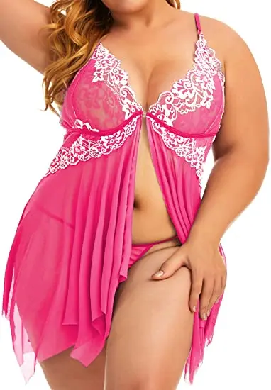 Plus Size Lingerie for Women Sleepwear Set Lace Babydoll Chemise V Neck Nightgown Sexy Nightdress Maternity Negligee S-5XL