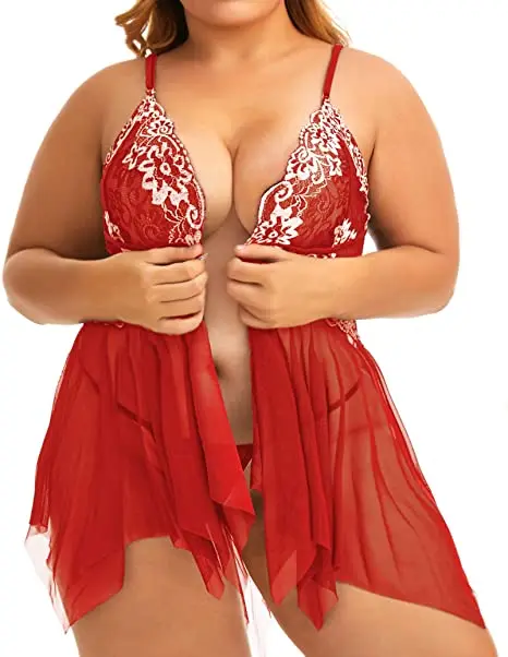 Plus Size Lingerie for Women Sleepwear Set Lace Babydoll Chemise V Neck Nightgown Sexy Nightdress Maternity Negligee S-5XL