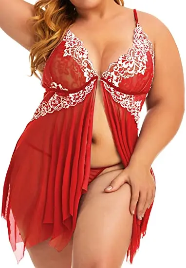 Plus Size Lingerie for Women Sleepwear Set Lace Babydoll Chemise V Neck Nightgown Sexy Nightdress Maternity Negligee S-5XL