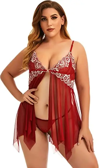 Plus Size Lingerie for Women Sleepwear Set Lace Babydoll Chemise V Neck Nightgown Sexy Nightdress Maternity Negligee S-5XL