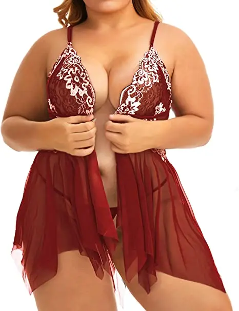 Plus Size Lingerie for Women Sleepwear Set Lace Babydoll Chemise V Neck Nightgown Sexy Nightdress Maternity Negligee S-5XL