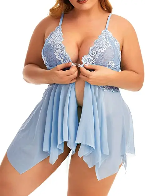 Plus Size Lingerie for Women Sleepwear Set Lace Babydoll Chemise V Neck Nightgown Sexy Nightdress Maternity Negligee S-5XL